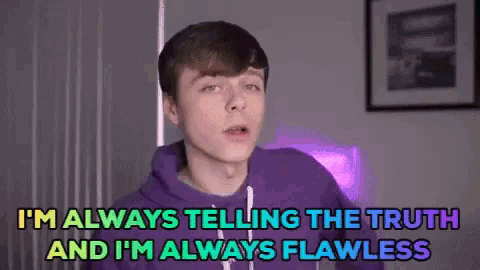 a young man wearing a purple hoodie is telling the truth