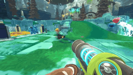 a person holding a gun in a video game with a green and blue background