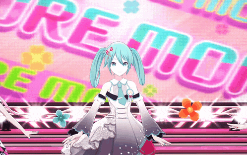 a girl in a white dress is standing in front of a sign that says " ore moi "