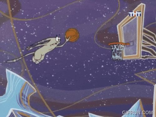 a cartoon of a cat dunking a basketball in a hoop with tht written on it
