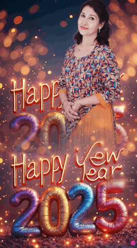a woman stands in front of balloons that spell out happy new year 2025