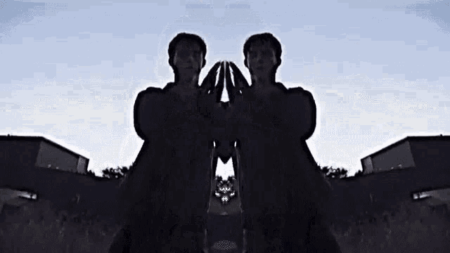 a silhouette of two people standing next to each other with their hands folded in front of a blue sky .