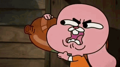 a cartoon character from the amazing world of gumball is making a funny face while holding a bottle .