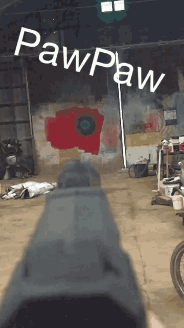 a person holding a gun in front of a wall that says pawpaw on it