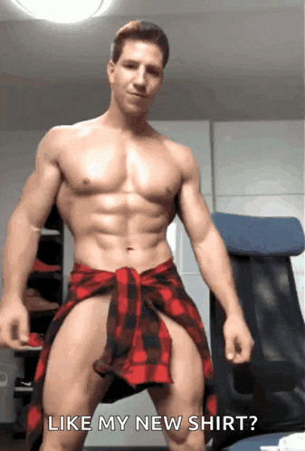 a shirtless man is wearing a plaid shirt around his waist
