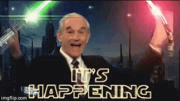 a man in a suit and tie is holding two lightsabers and the words it 's happening are above him