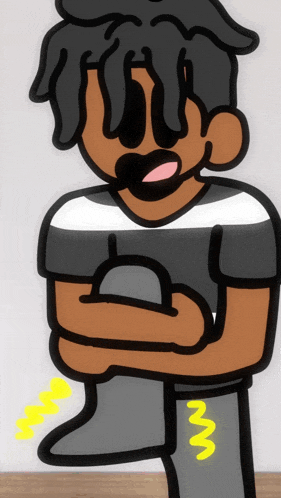 a cartoon drawing of a man with his arms crossed and yellow waves on his pants