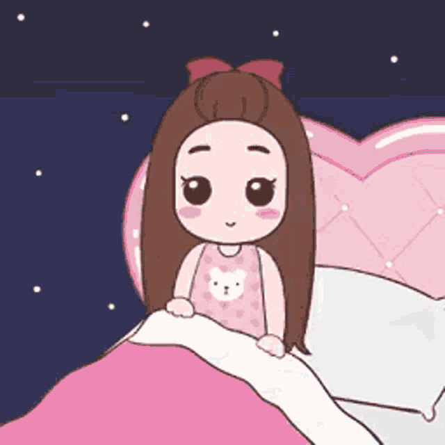 a cartoon girl is laying in a bed with a heart shaped headboard .