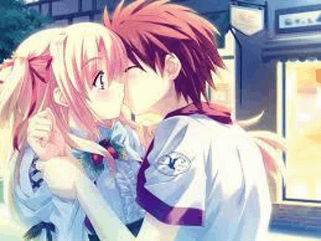a boy and a girl are kissing in front of a building in an anime .