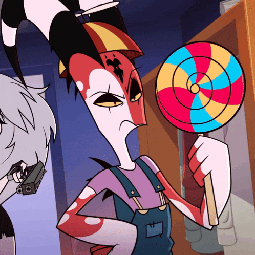 a cartoon character holding a lollipop with a target on it
