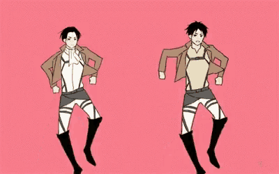 a couple of anime characters are dancing on a pink background .