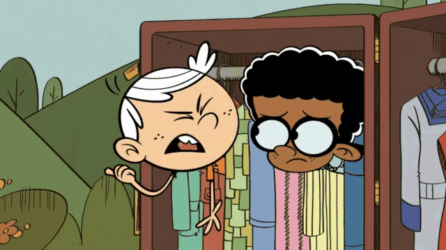 a cartoon of lincoln loud and a boy in a wardrobe