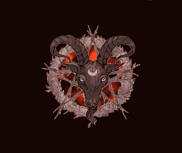 a drawing of a goat with horns and a crescent moon in a circle of fire