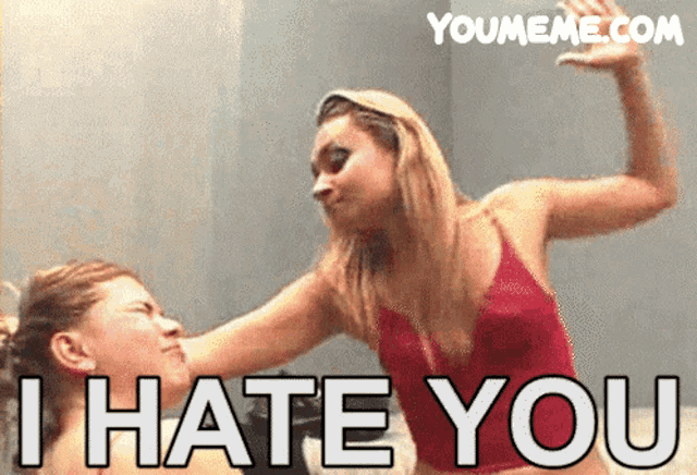 a woman in a red top is slapping another woman with the words i hate you below her