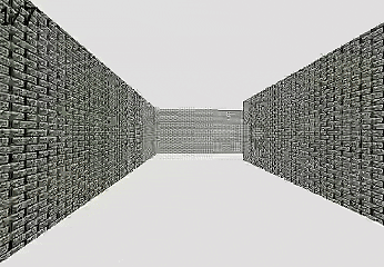 a black and white drawing of a brick wall with a door in the middle .