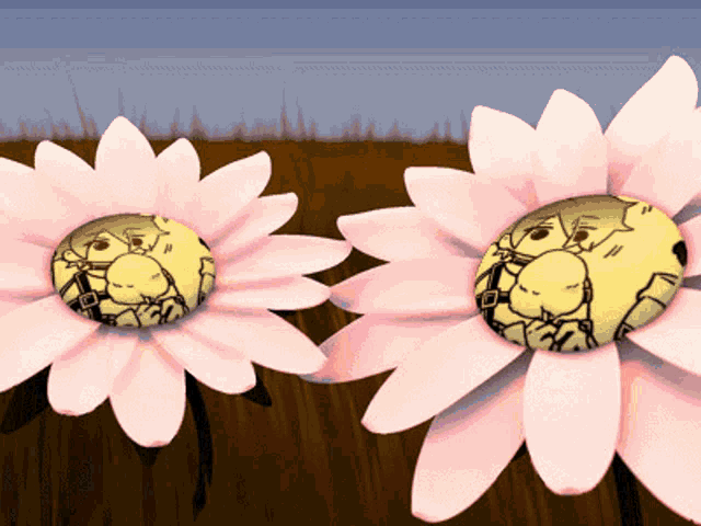 a couple of pink daisies with a cartoon character on them