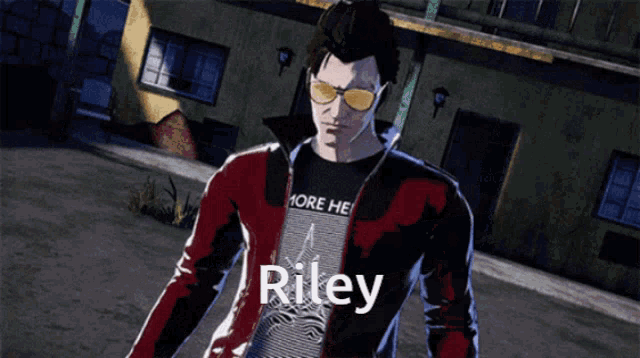 a man wearing sunglasses and a t-shirt that says more here is called riley