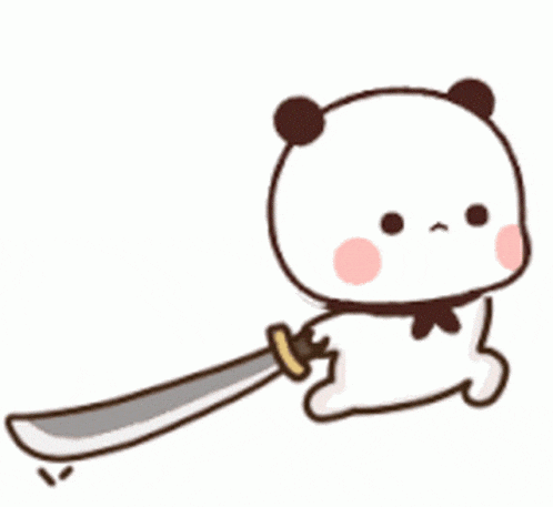 a cartoon panda bear is holding a sword in its hand .