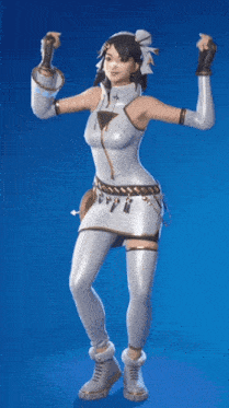 a woman in a white outfit is dancing with her hands in the air