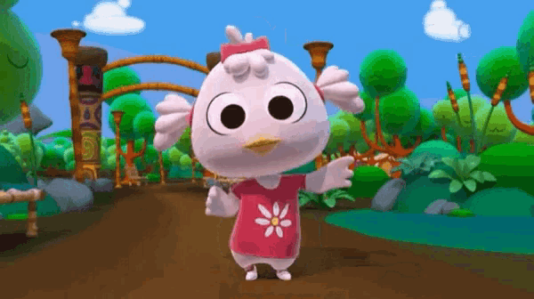 a cartoon character with a flower on her shirt