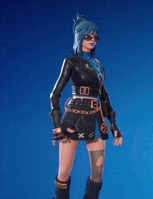 a woman with blue hair wearing sunglasses and a black skirt