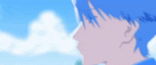 a close up of a person 's face with blue hair against a blue sky with clouds .