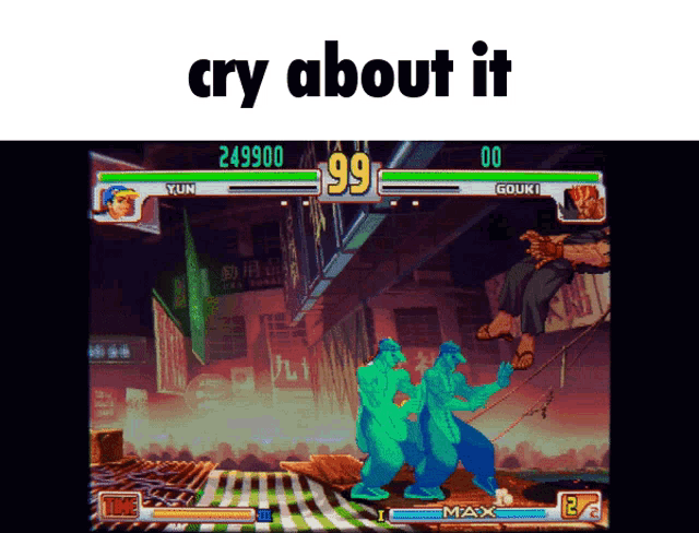 a screenshot of a video game with the words cry about it below it