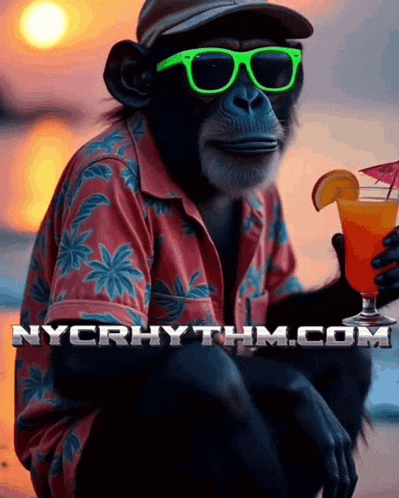 a chimpanzee wearing sunglasses and a hat is holding a drink with nycrhythm.com written on the bottom