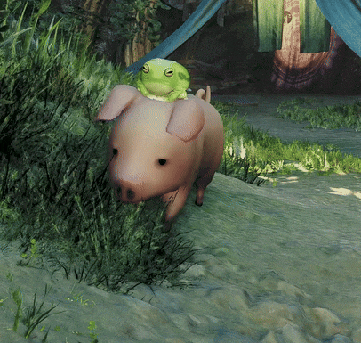 a pig with a frog on its head is walking in the grass