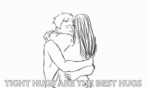 a black and white drawing of a man and woman hugging .