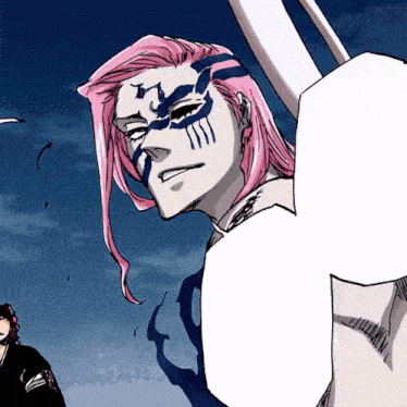 a drawing of a woman with pink hair and a blue and white face