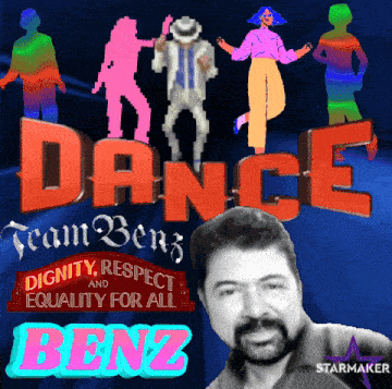 a man stands in front of a dance team benz logo
