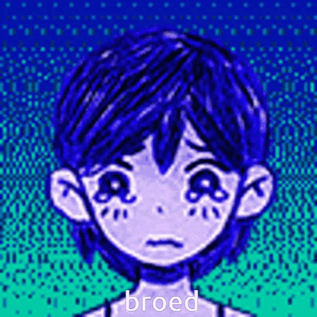 a pixel art drawing of a girl with blue hair and tears on her face with the words `` bred '' written below her .