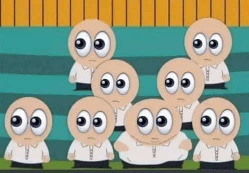a group of cartoon characters with big eyes are standing next to each other on a green field .