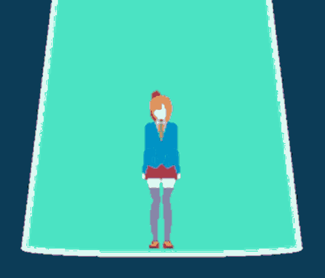a pixel art of a girl in a blue suit