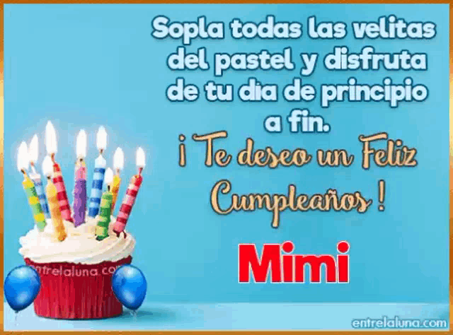 a birthday card with a cupcake and candles and the name mimi on it