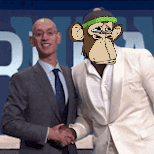 a man in a suit and tie shakes hands with a monkey in a suit