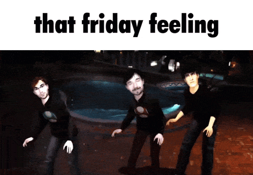 three men are dancing in front of a pool with the words that friday feeling below them