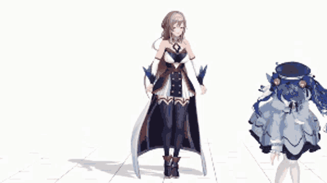 two anime girls are standing next to each other on a white surface