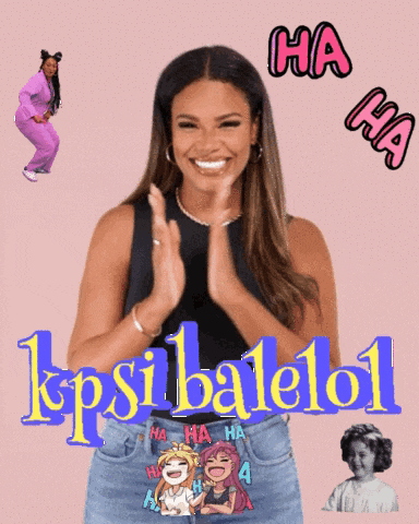 a woman is clapping in front of a pink background that says ha psibalelol