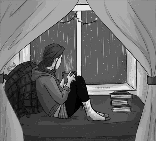 a black and white drawing of a person sitting in front of a window with virgin-suicides written on the bottom