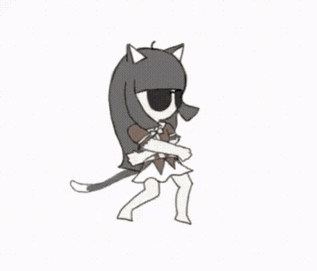 a cartoon girl with long black hair and sunglasses is dancing with a cat .