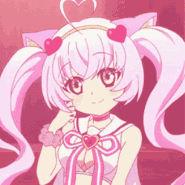 a girl with pink hair and a heart on her head