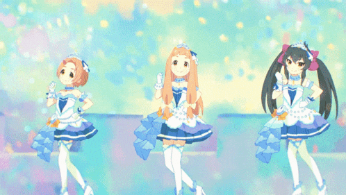 three anime girls are dancing on a stage and one has a tiara on her head