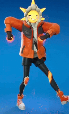 a cartoon character wearing an orange jacket with a yellow sun on his head