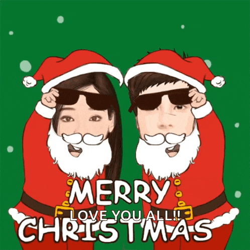 a merry christmas card with a man and a woman dressed as santa clauses