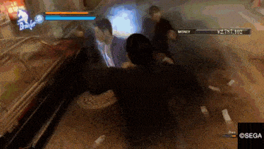 a man is fighting another man in a video game with a screen that says money .
