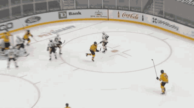 a hockey game is being played on a rink with ads for petsmart and coca-cola