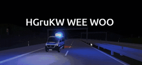 a blue van is driving down a highway under a bridge with the words hgrukw wee woo on the bottom