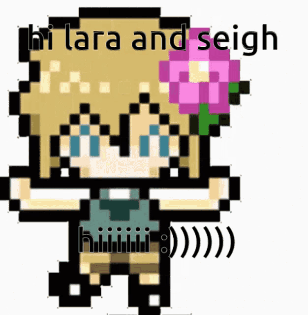 a pixel art of a girl with a pink flower in her hair